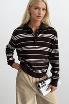Striped Polo Collar Brown Blouse