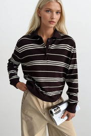 Striped Polo Neck Brown Blouse