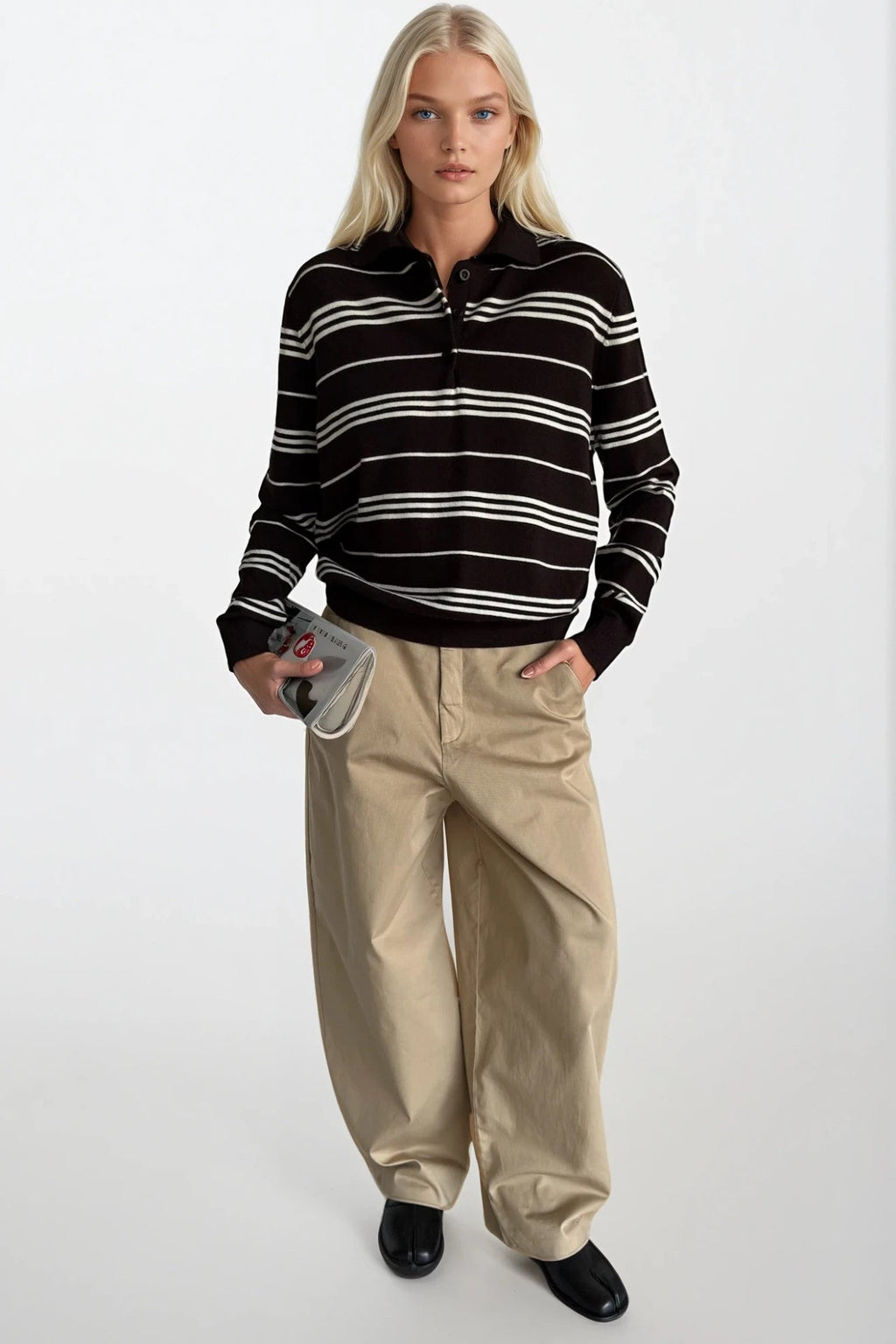 Striped Polo Collar Brown Blouse