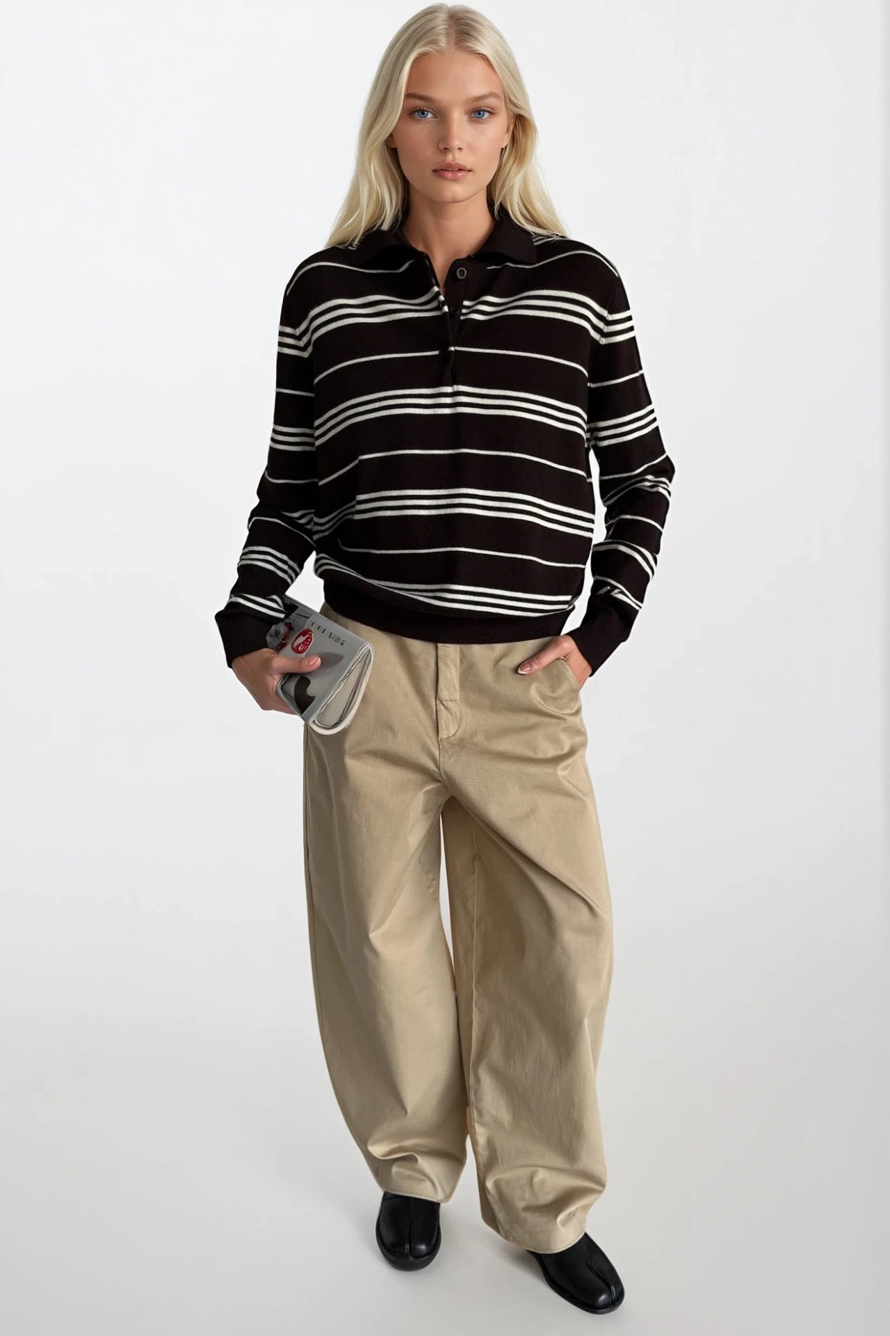 Striped Polo Collar Brown Blouse
