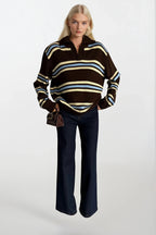 Striped Polo Collar Brown Knit Sweater