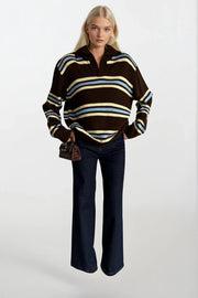 Striped Polo Neck Brown Knit Sweater