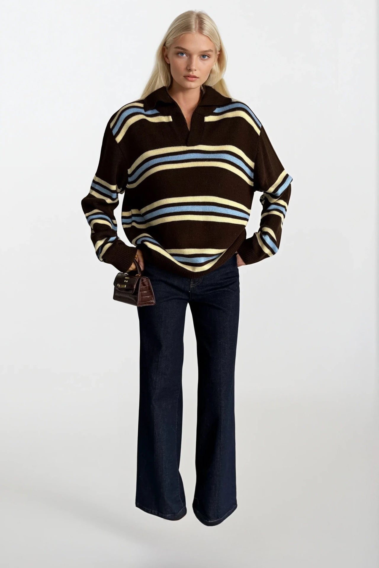 Striped Polo Collar Brown Knit Sweater