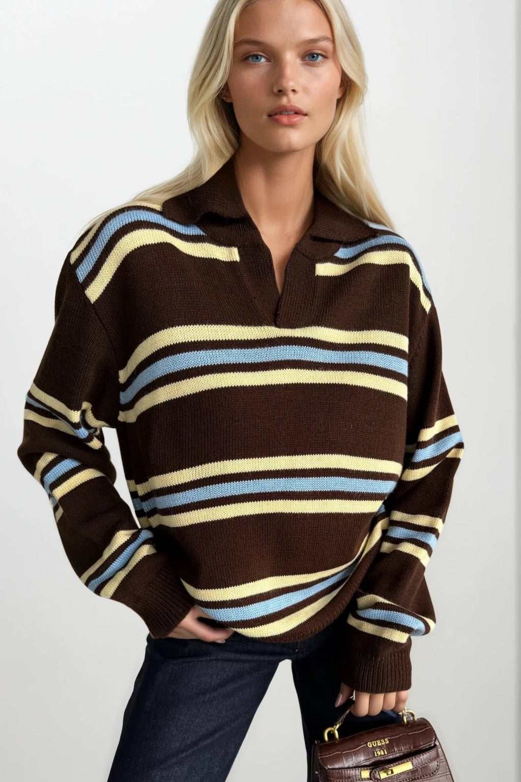 Striped Polo Collar Brown Knit Sweater