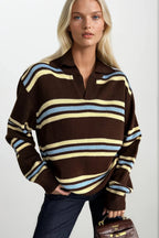 Striped Polo Collar Brown Knit Sweater