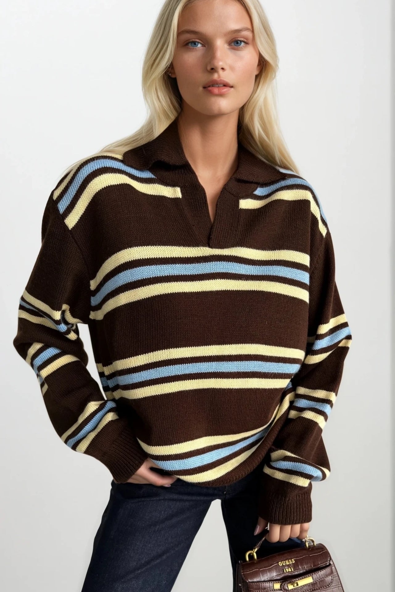 Striped Polo Collar Brown Knit Sweater