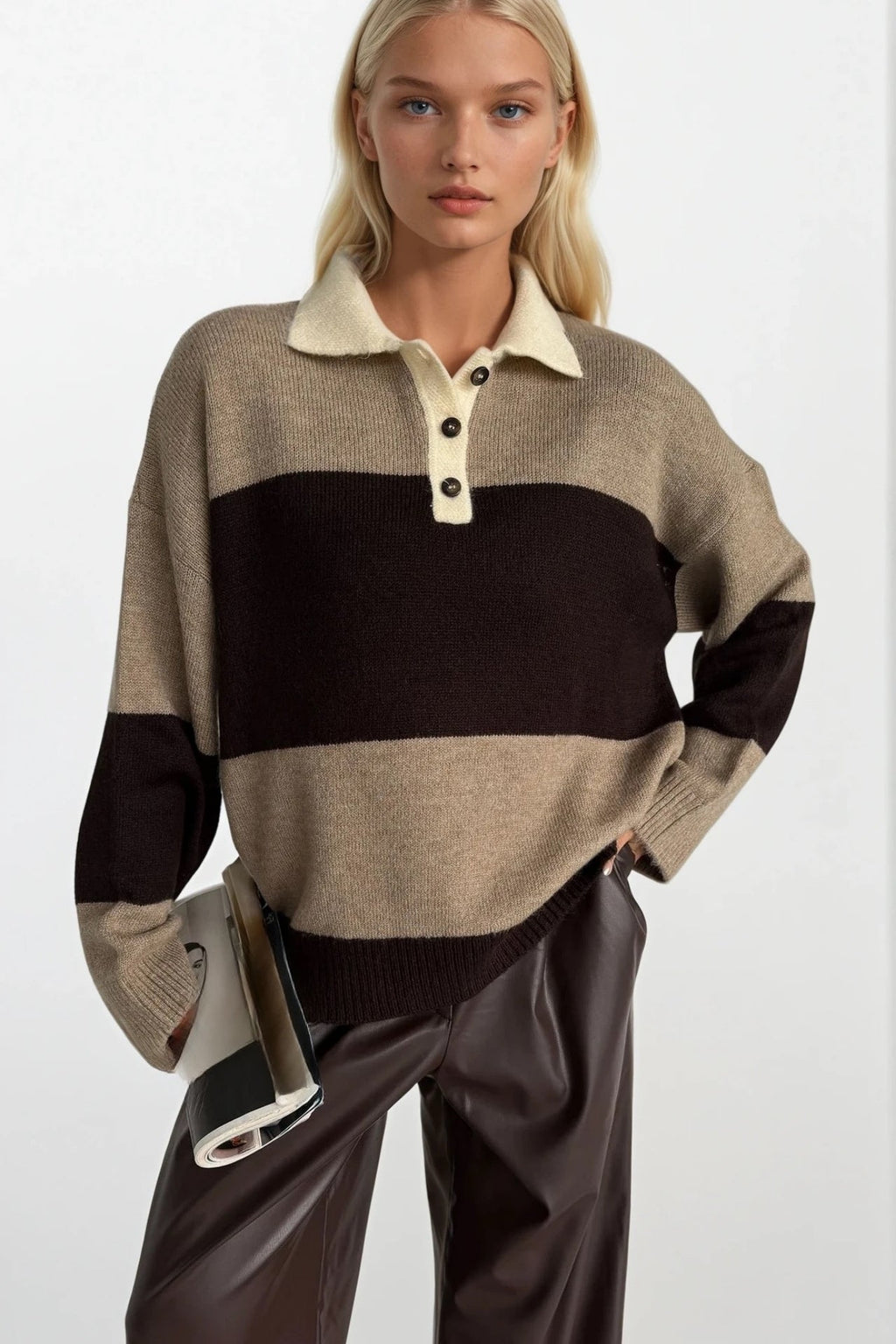 Striped Polo Collar Brown Soft Knit Cardigan