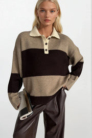 Striped Polo Neck Brown Plush Knit Cardigan