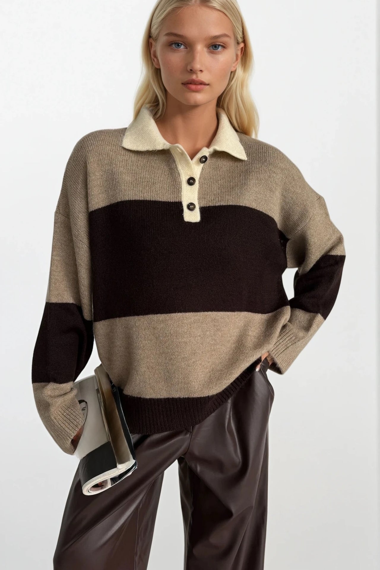Striped Polo Collar Brown Soft Knit Cardigan