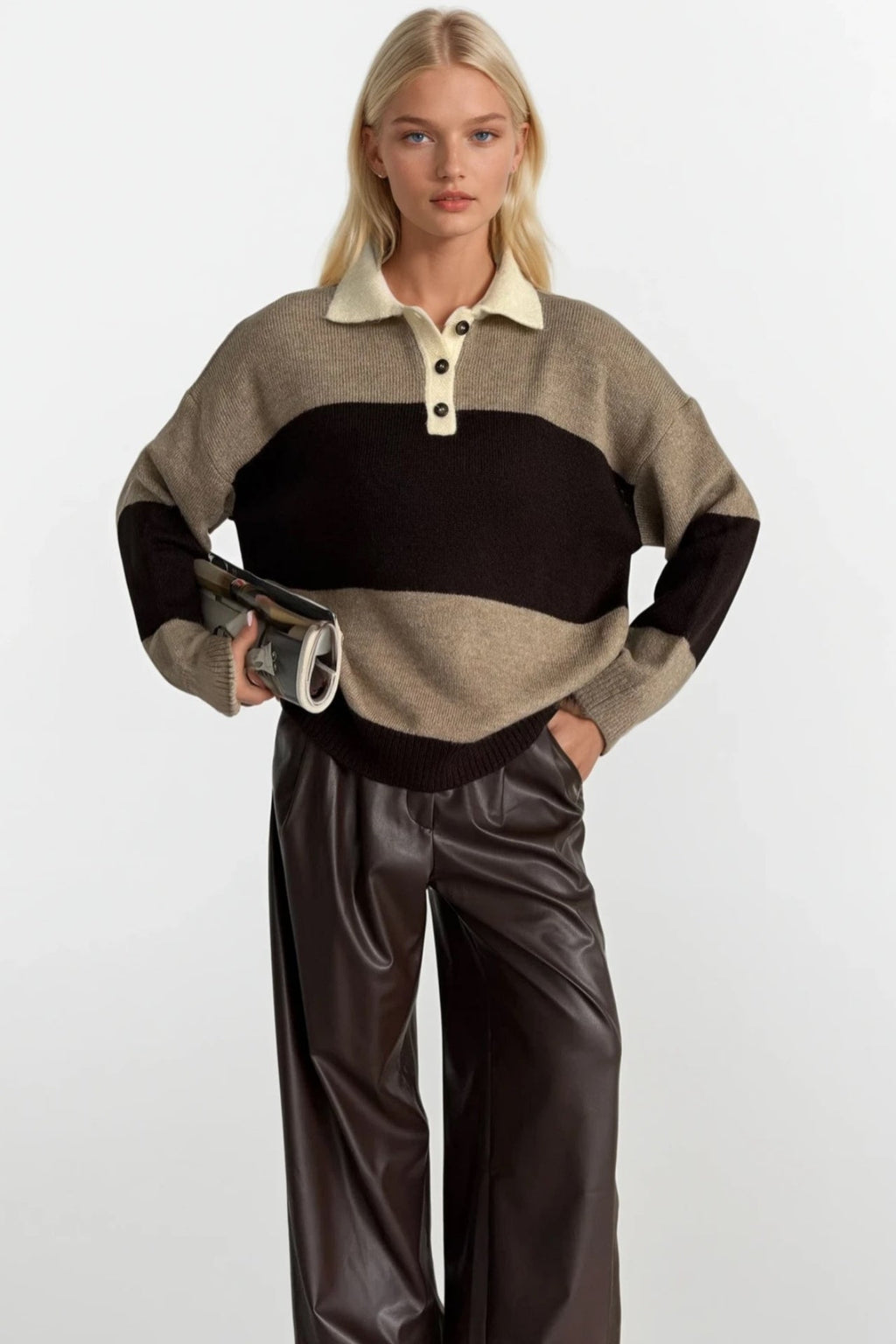 Striped Polo Collar Brown Soft Knit Cardigan