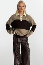 Striped Polo Collar Brown Soft Knit Cardigan