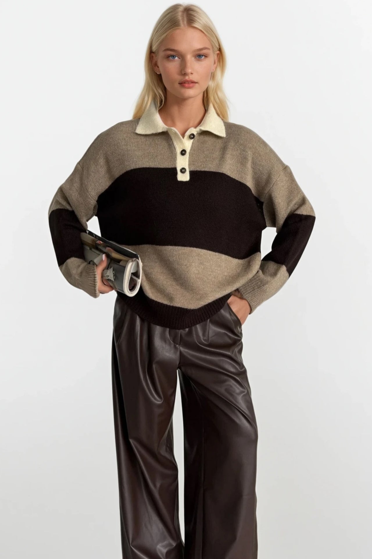 Striped Polo Collar Brown Soft Knit Cardigan