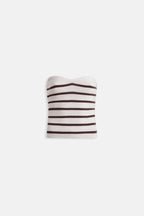 Striped Strapless Textured White Brown Blouse