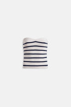 Striped Strapless Textured White Navy Blouse