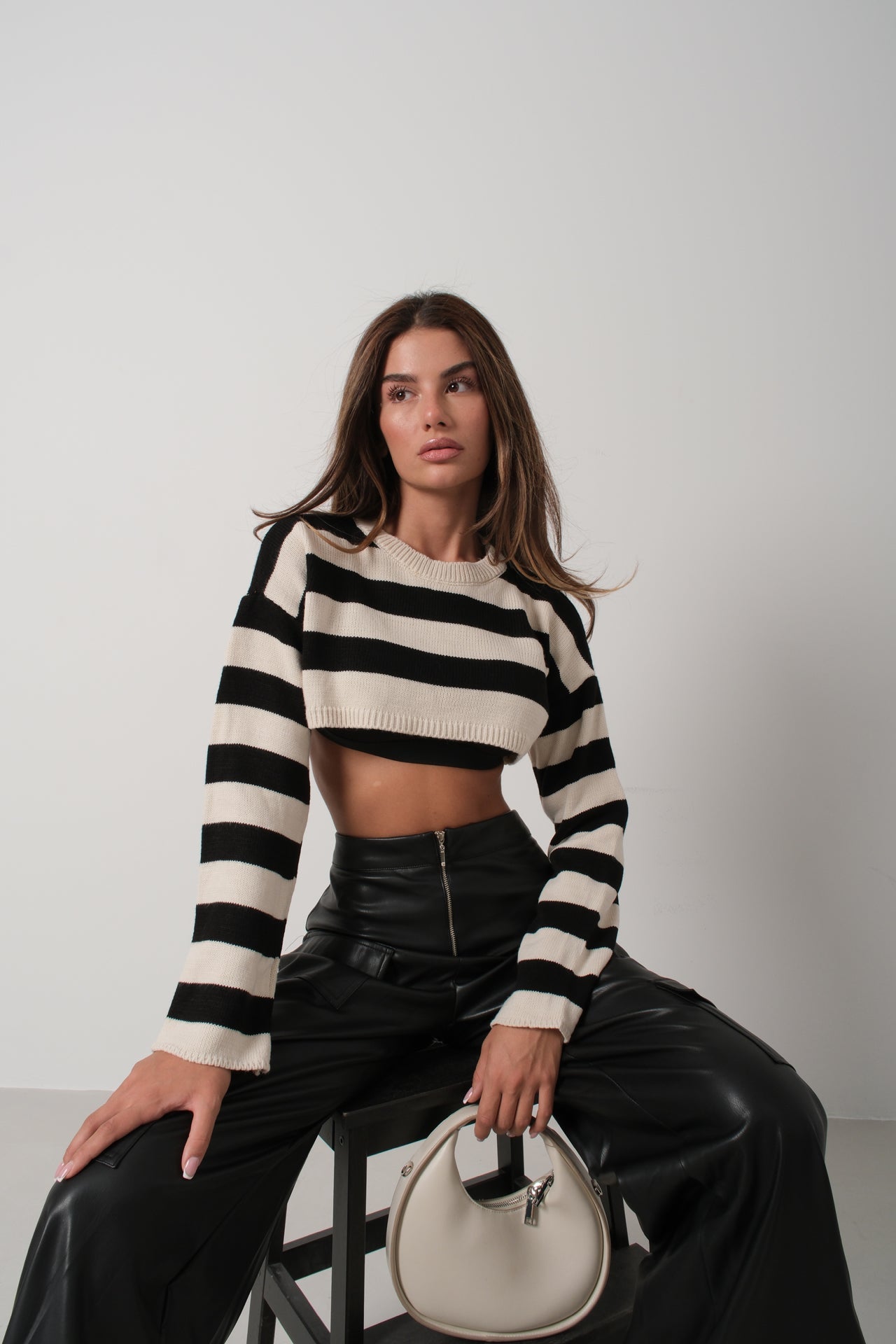 Striped Stone Black Crop Sweater
