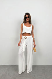 Crop Blouse Belted White Trouser Set