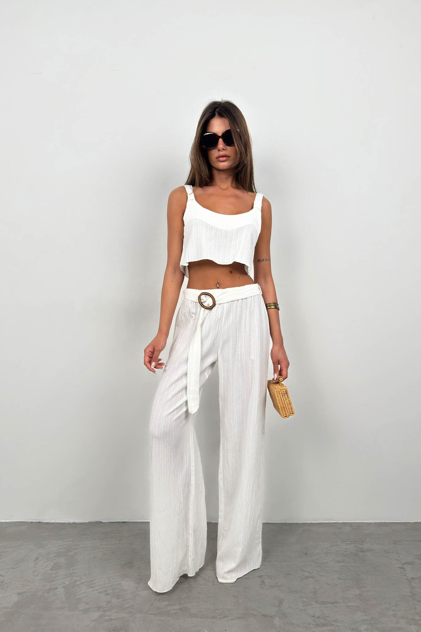 Crop Blouse Waistted White Pants Set