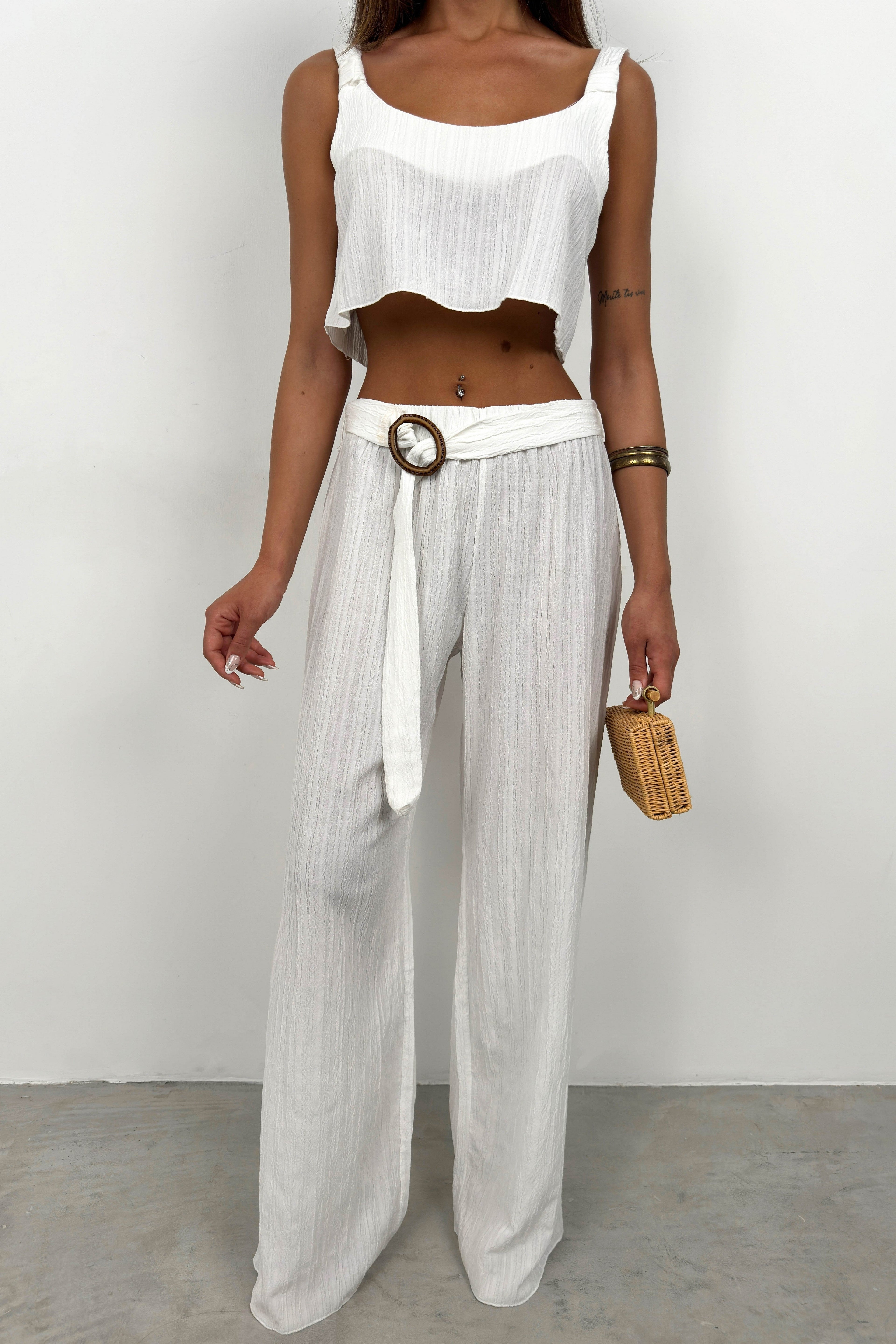 Crop Blouse Waistted White Pants Set