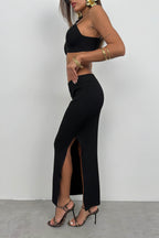 Black Crop Bustier Slit Skirt Set
