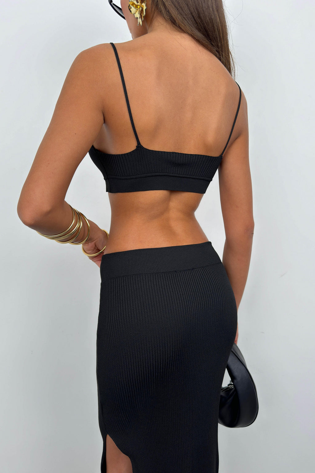 Black Crop Bustier Slit Skirt Set