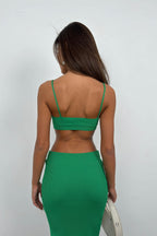 Green Crop Bustier Slit Skirt Set