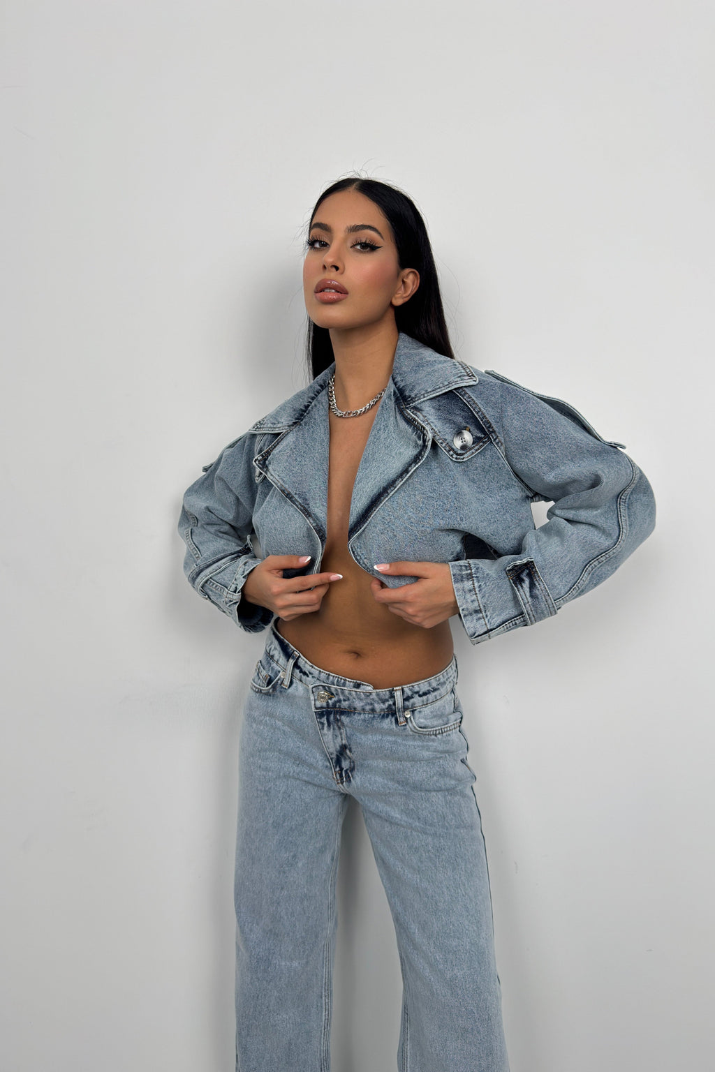 Crop Denim Light Blue Trench Coat