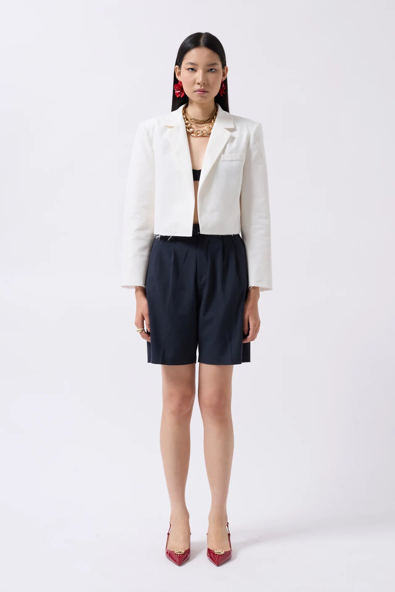 Crop Linen Blazer White Jacket