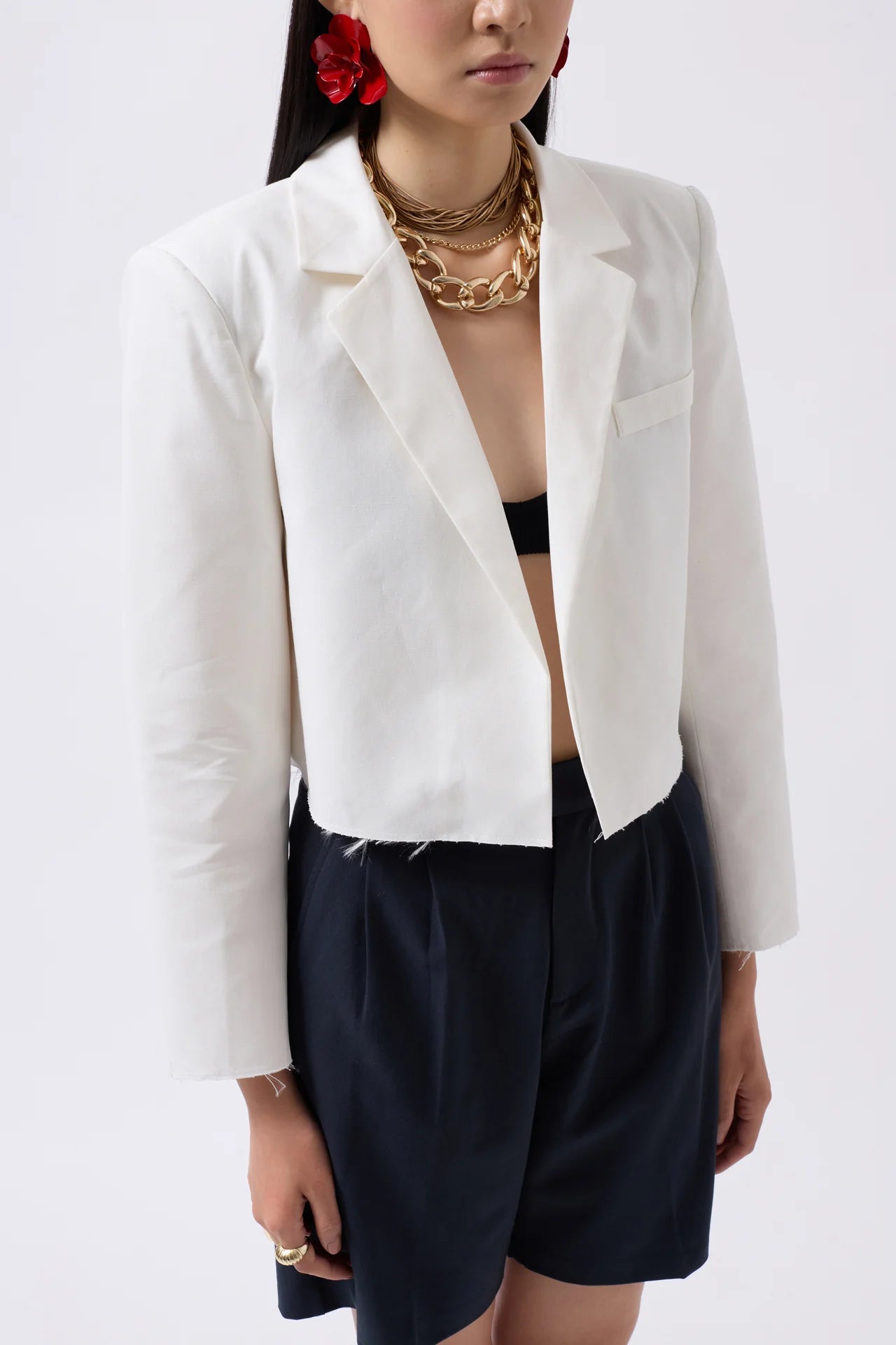 Crop Linen Blazer White Jacket