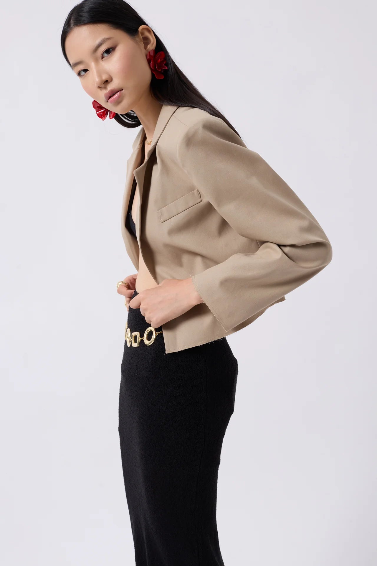 Crop Linen Blazer Beige Jacket