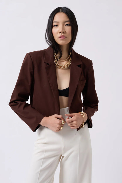 Crop Linen Blazer Brown Jacket
