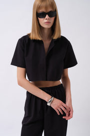 Crop Linen Black Shirt