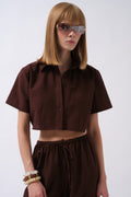 Crop Linen Brown Shirt