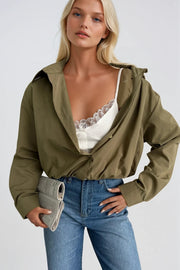 Lace Blouse Detail Elastic Waist Khaki Shirt