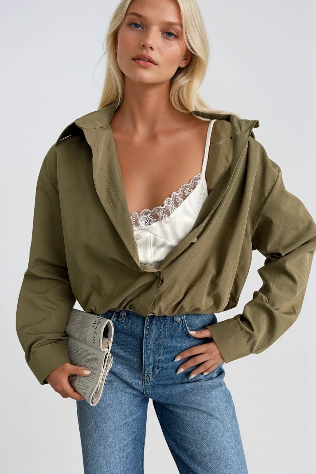 Lace Blouse Detail Elastic-Waist Khaki Shirt