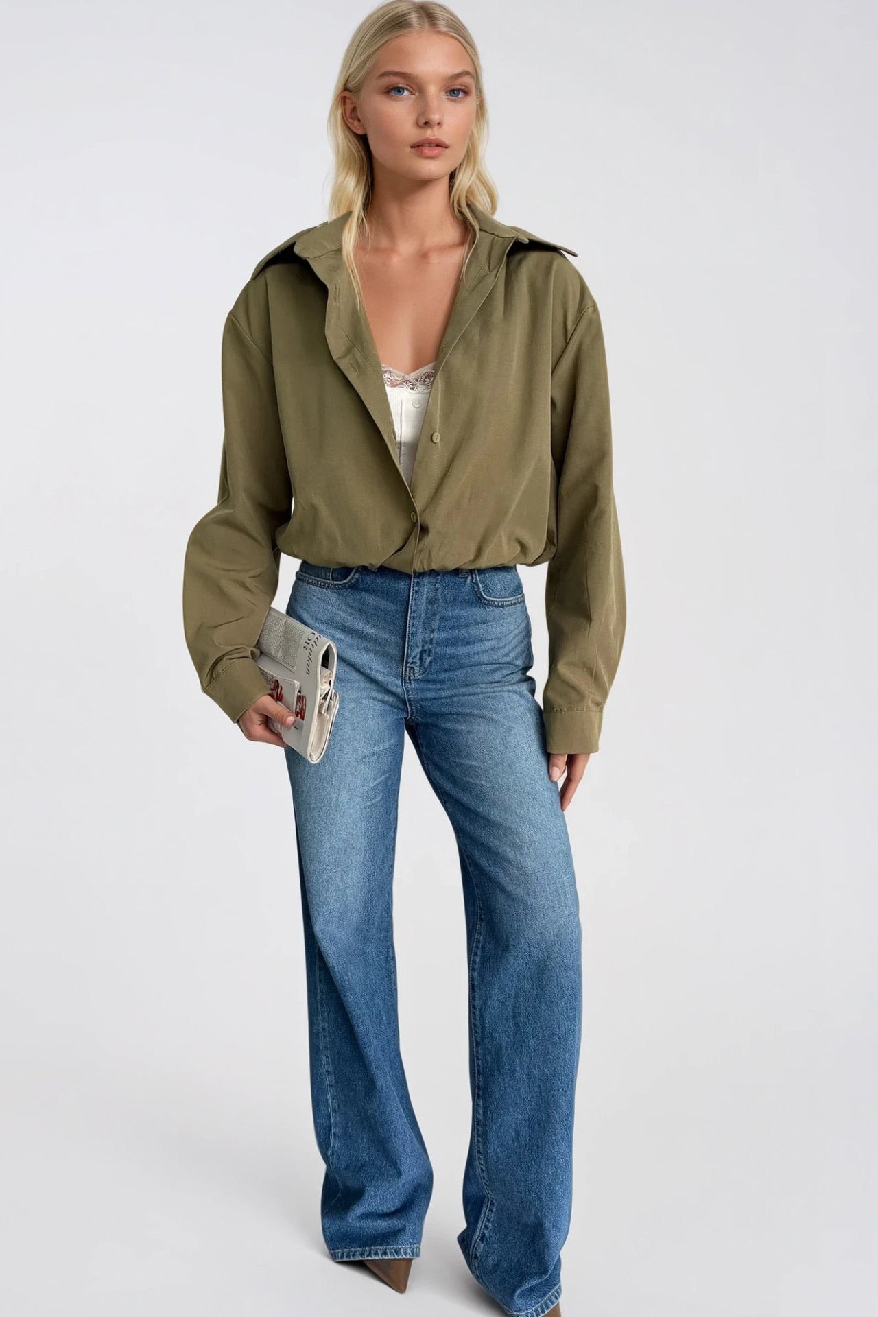 Lace Blouse Detail Elastic-Waist Khaki Shirt