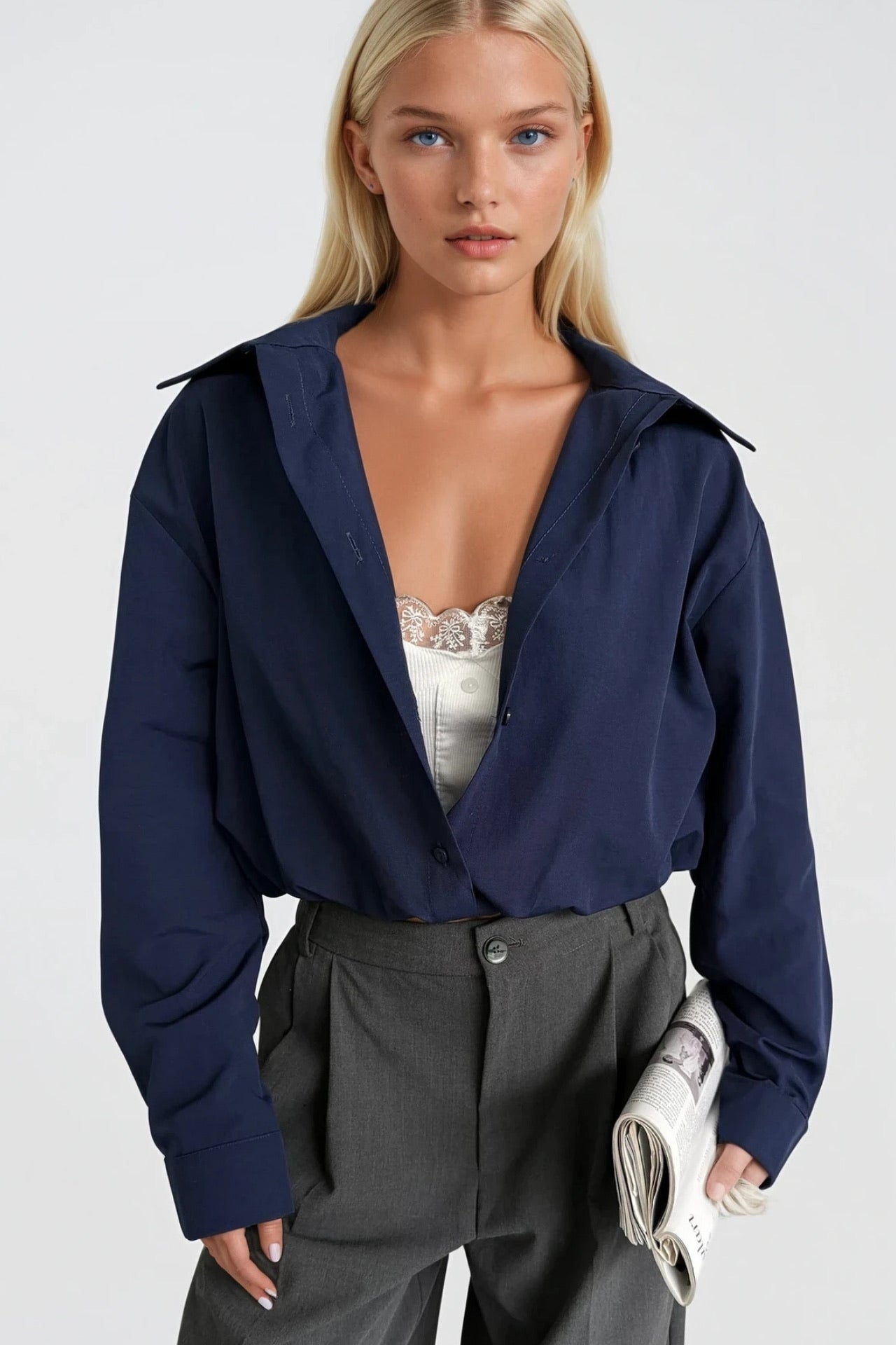 Lace Blouse Detail Elastic-Waist Navy Shirt