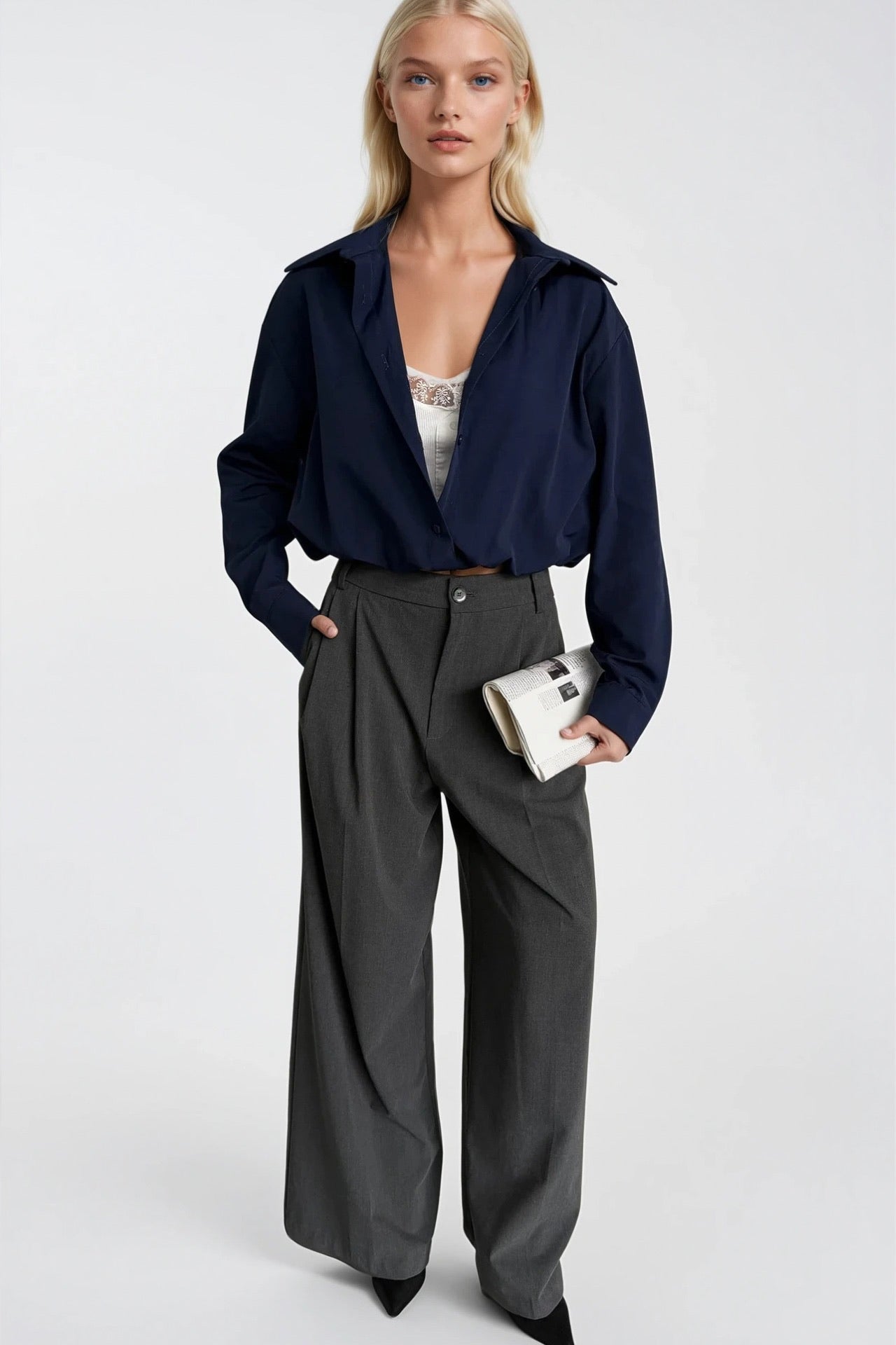 Lace Blouse Detail Elastic-Waist Navy Shirt