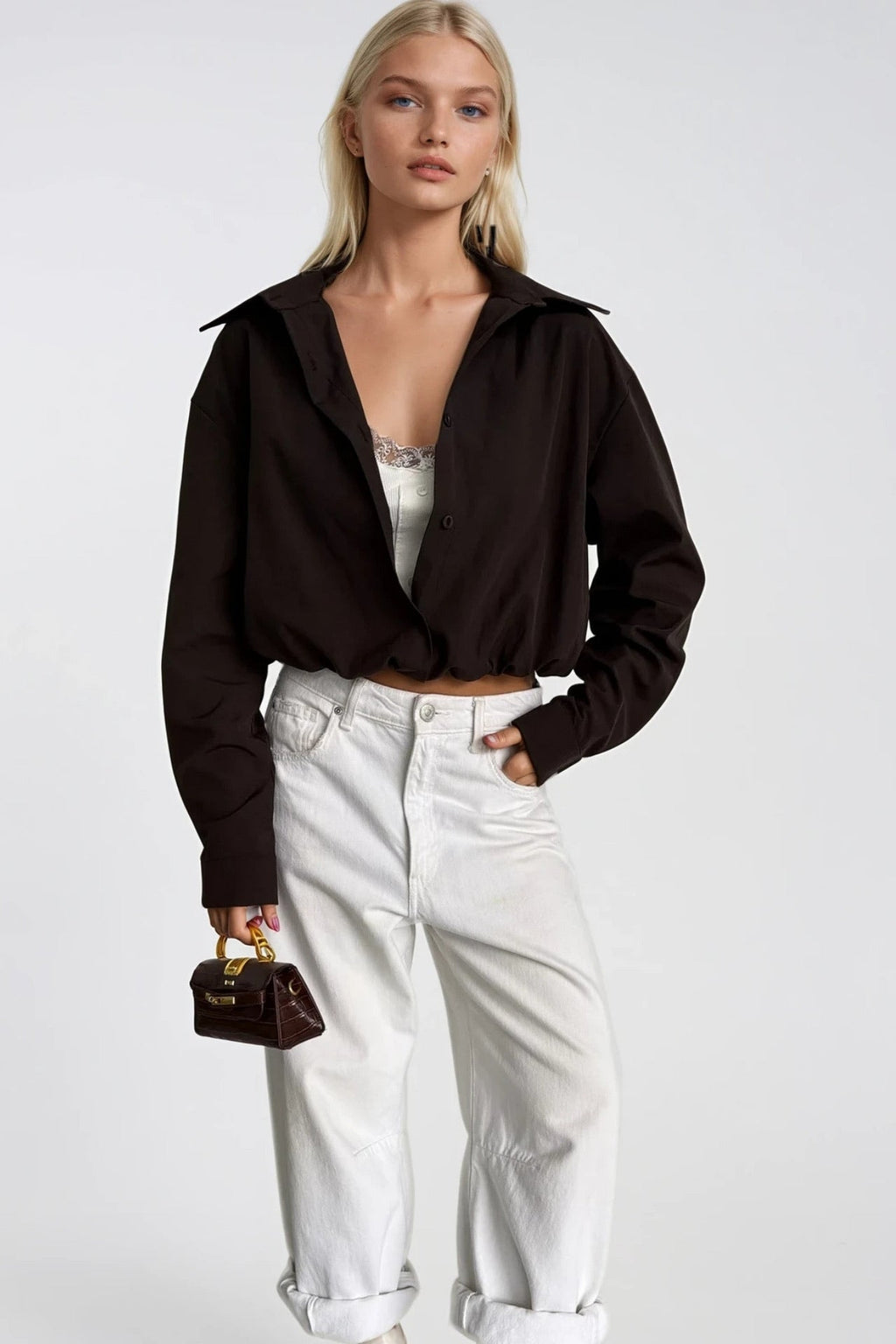Lace Blouse Detail Elastic-Waist Brown Shirt