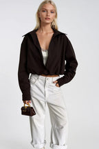 Lace Blouse Detail Elastic-Waist Brown Shirt