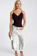 Lace Detail Strappy Brown Knit Blouse
