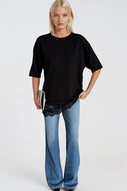 Lace Detail Crew Neck Black Blouse