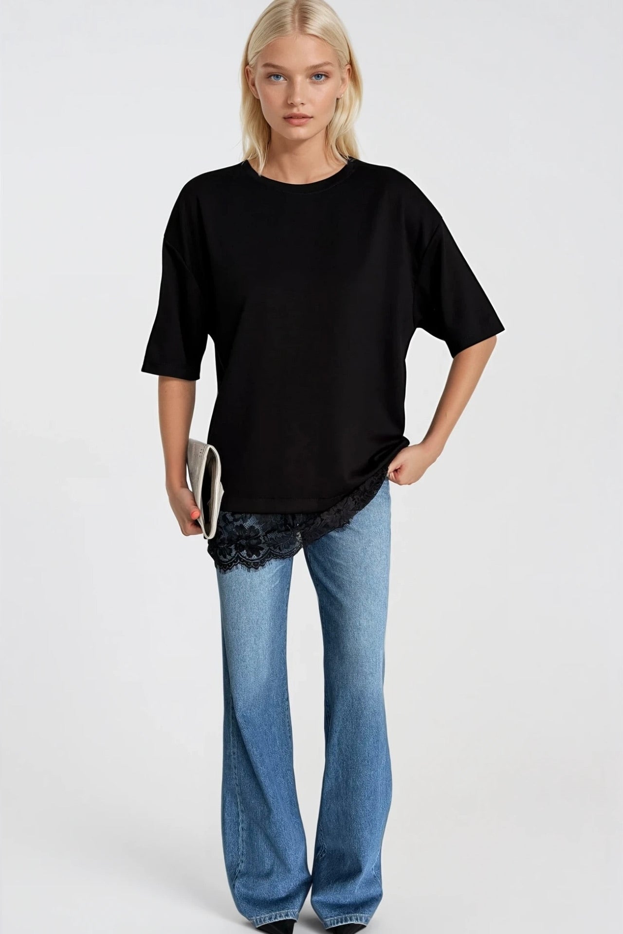 Lace Detail Crew Neck Black Blouse