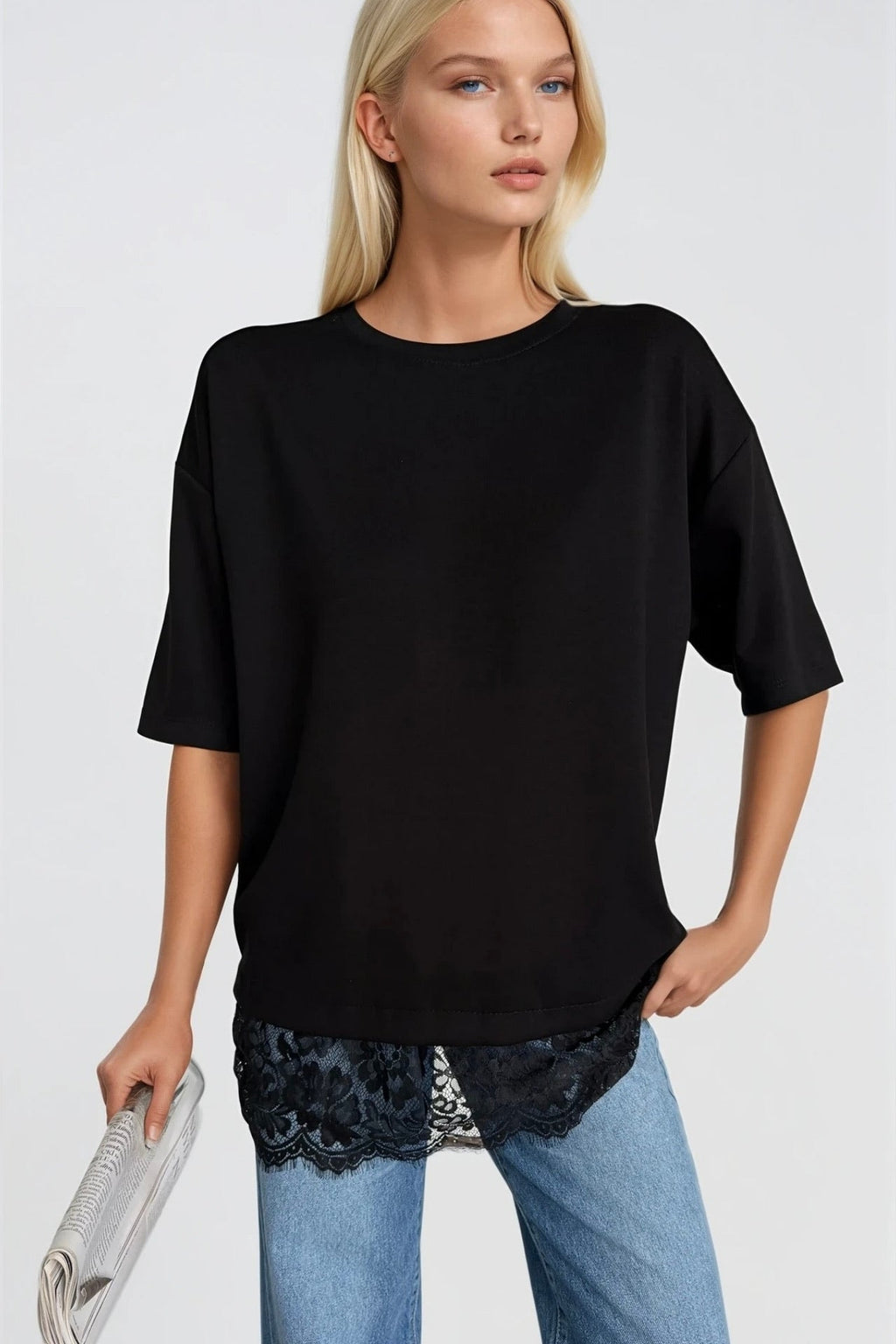 Lace Detail Crew Neck Black Blouse