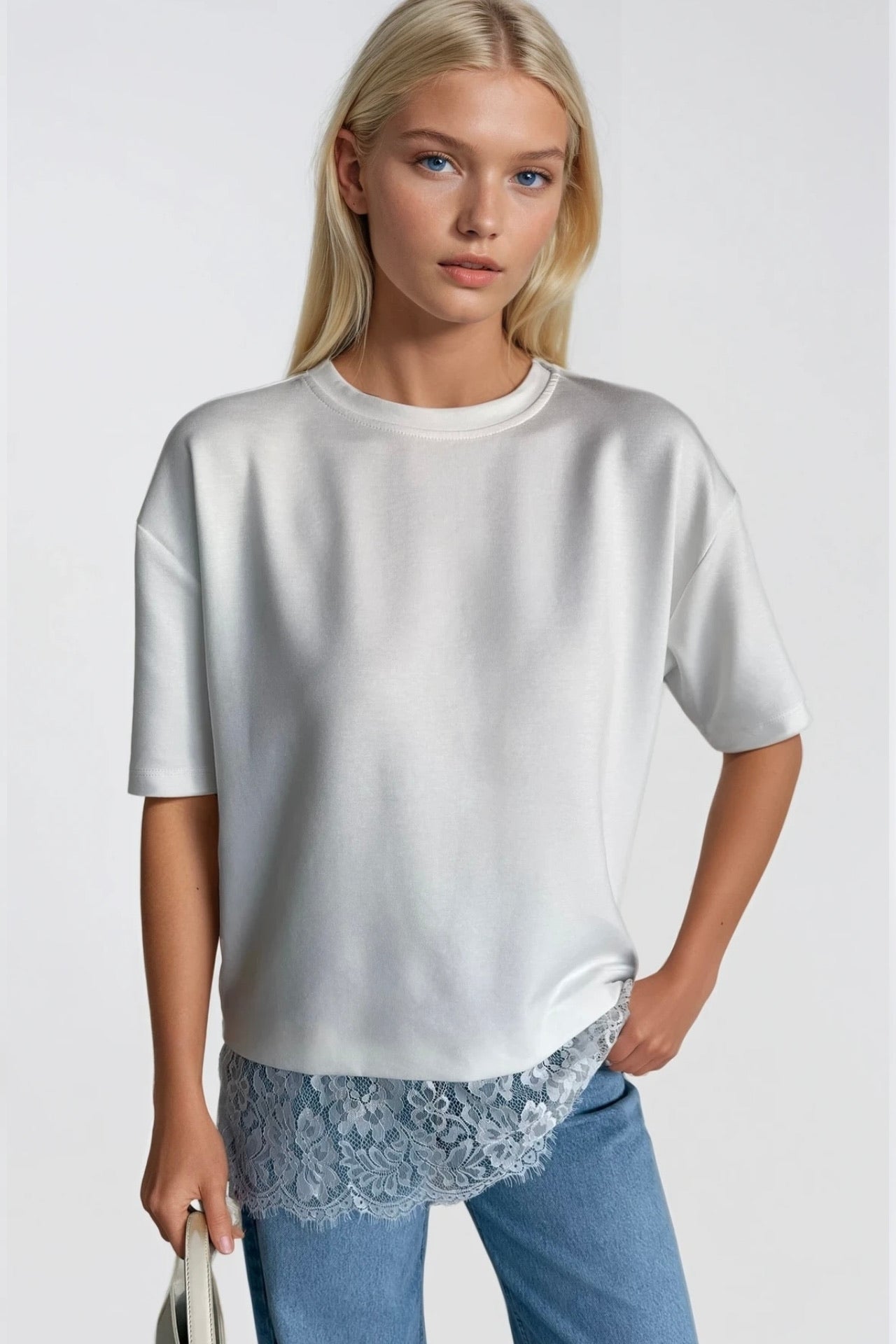 Lace Detail Crew Neck White Blouse