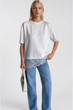 Lace Detail Crew Neck White Blouse