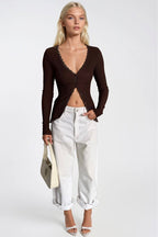 Lace Detail Buttoned Brown Ribbed Blouse