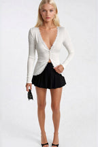 Lace Detail Buttoned White Ribbed Blouse