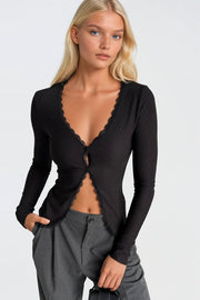 Black Ribbed Blouse with Lace Detail and Buttons
