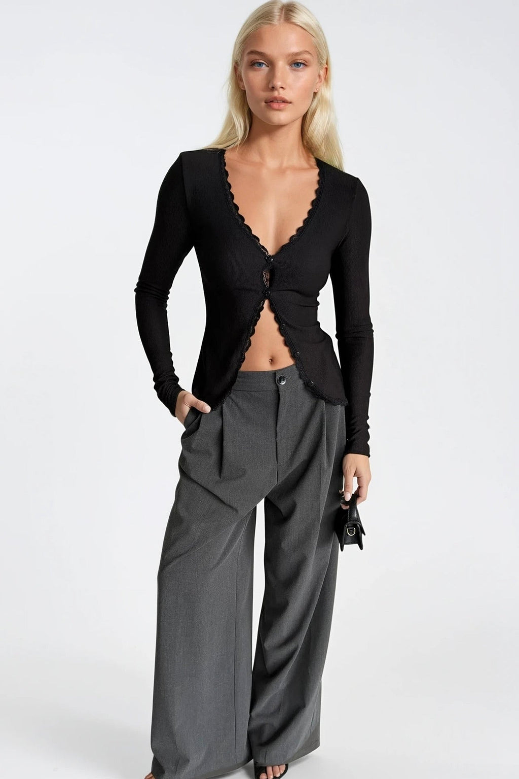Lace Detail Buttoned Black Ribbed Blouse