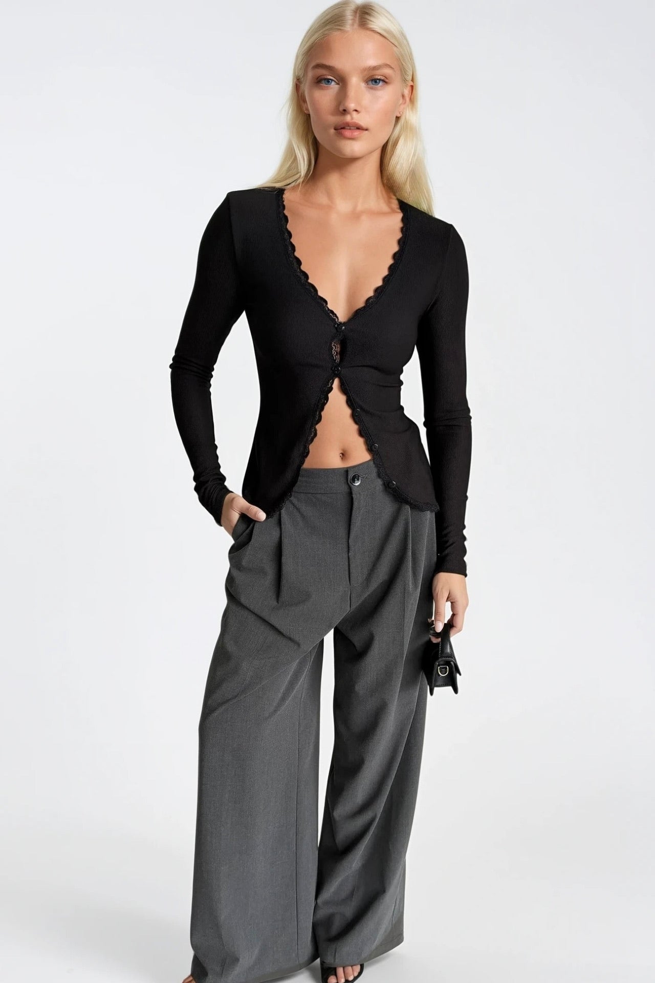 Lace Detail Buttoned Black Ribbed Blouse